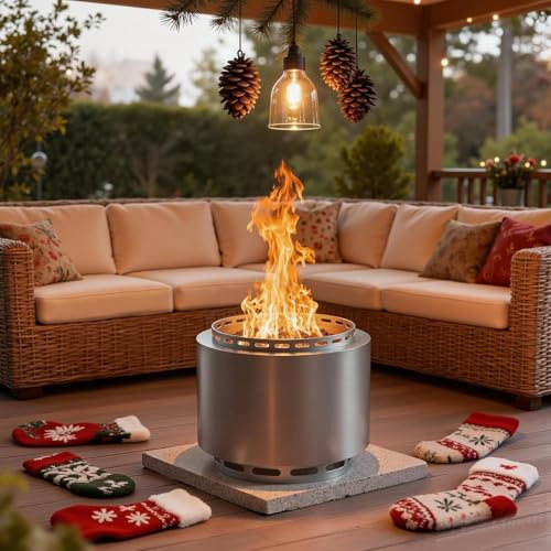 ALAULM 48 cm Rauchfreie Feuerschale für Holz im Freien – Komplett-Set mit Abdeckhaube & Schürhaken, aus robustem Edelstahl für Garten, Camping, Terrasse & Hinterhof