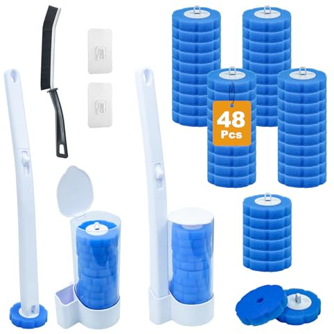 2 Pack Dispasable Toilet Brush and Holder Set, with 48 Toilet Brush Refills