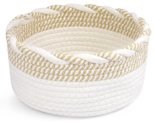 JEROKUMI Small Cotton Rope Storage Basket, Boho Cotton Rope Storage Bins for Towel,Pet Kids Toy, Round Jute-Colored Woven Basket, Empty Gift Basket, 8 x 8 x 4