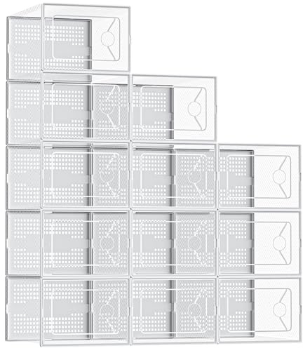 DUMOS 12-Pack Shoe Storage Boxes, Clear Shoe Containers with Lids, Stackable Sneaker Case Organizer for Closet, Under Bed, Entryway,White (Fit Size 9)