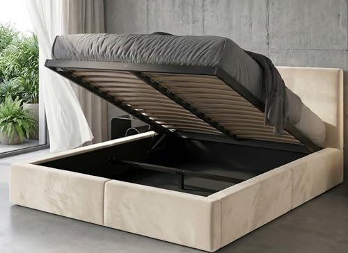 Letto imbottito 160 Hilton struttura del letto con rete a doghe in metallo con contenitore letto matrimoniale giroletto imbottito con cassettone letto per camera da letto (cashmere, 160x200)