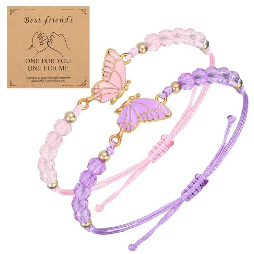 Nogeqi 2 stycken vänskapsarmband, BFF gåvor, fjäril matchande armband, justerbara vänskapsarmband, vänskapsarmband för bästa vänner smycke (rosa lila)