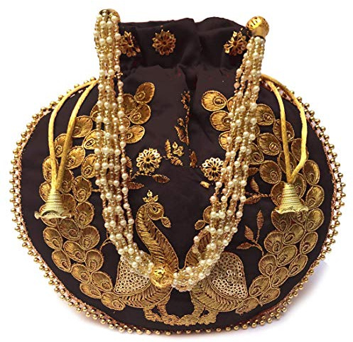 Indian Traditional Clutch Peacock Golden Embroidery Designer Purse Perfect for Weddings & Parties Silk Bridal Elegant Festive Batwa BLack
