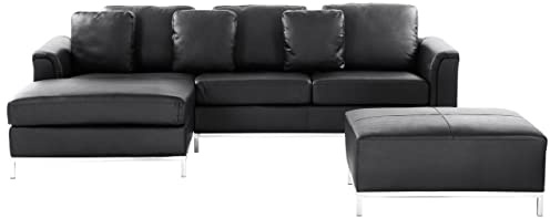 Canapé Angle à Droite en Cuir Véritable Noir et Pouf Ottoman Housses Amovibles Oslo