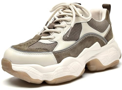 BEAU TODAY Chunky Sneakers for Women, Womens Fashion Sneakers, Lace Up Platform Comfortable Leather Casual Dad Shoes Beige Brown US 8