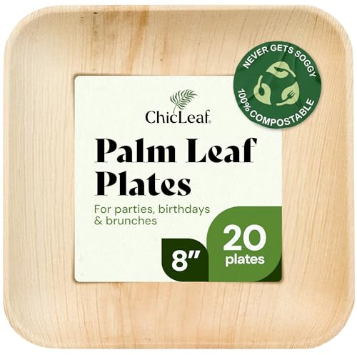 Chic Leaf Palm Leaf Plates 8 Inch - Disposable Bamboo Style Square for Winter Events, Rustic Dinner - Heavy Duty, Compostable Serving Dish for Appetizers & Dessert, Elegant Easter Tableware