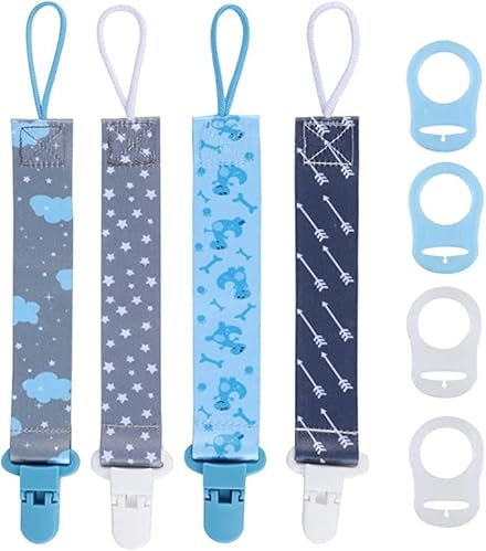 4 Stück Schnullerband Baby, Nuckelkette Clip mit 4 schnuller silikonring, Clip Schnullerband für Neugeborenen Jungen und Mädchen Baby Geburt Geschenk