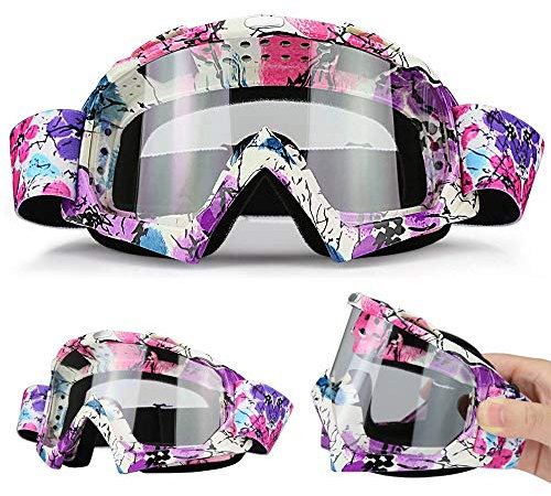 E-Soul Motorrad Goggle Motocross Wind Staubschutz Fliegerbrille Snowboardbrille Schneebrille Skibrille Wintersport Brille Für Damen Und Herren Jungen Und Mädchen (White-Blue-Purple Transparent)