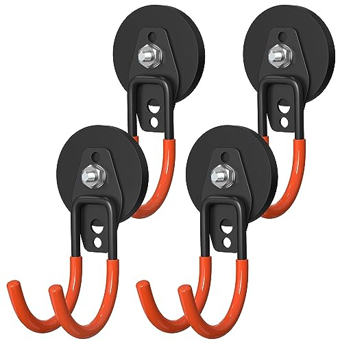 Lvoess Heavy Duty Storage Magnetic Utility Hooks Large Garage Magnet Hooks with Anti-Slip Coating for Metal Cabinet,Pegboard,Garage Shelve,Garden Tools (4PCS 2.59'' Orange)