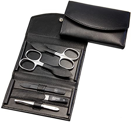 Maniküre Set - 5 teiliges Nagelpflegeset - Echtes Nappa-Lammleder Manicure Etui - Nagelschere, Hautschere, Nagelfeile, Pinzette und Doppelinstrument (Schwarz)