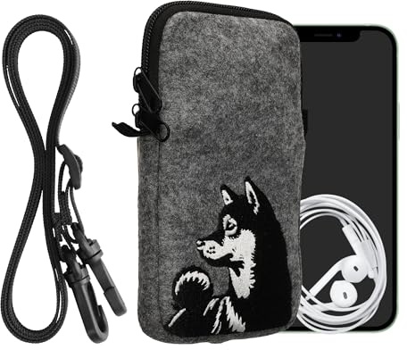 kwmobile Housse de Protection Universelle pour Smartphone L - 6,5 - Pochette Protection téléphone Portable en Feutre avec Collier Ajustable - Noir-Blanc-Gris