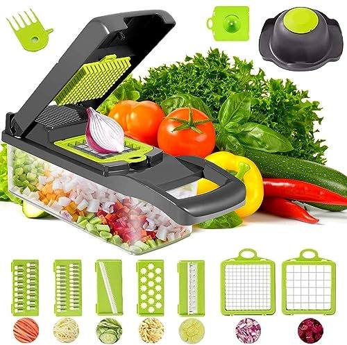 HUKITECH Gemüseschneider 16 in 1, Gemüsehobel, Mandoline Dicer zum Hobeln von Obst und Gemüse, Karotten, Kartoffeln, Gemüseschneider, Gemüsehacker, Würfelschneider mit 7 austauschbaren Klingen