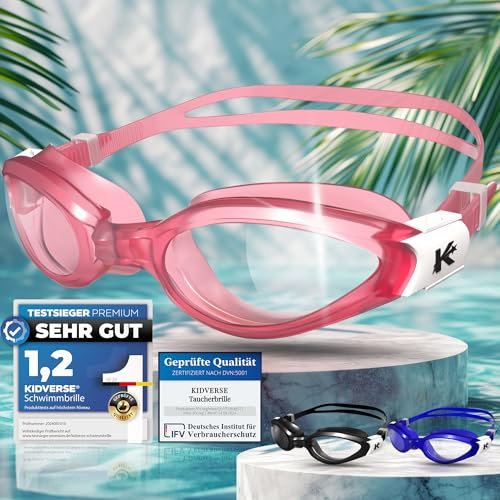 KIDVERSE Taucherbrille Kinder 6 Jahre bis 16 - Geprüfte Schwimmbrille Kinder 6 Jahre mit UV Schutz & Anti-Beschlag - Flexibel biegbare Kindertaucherbrillen ab 6 für Jungen & Mädchen