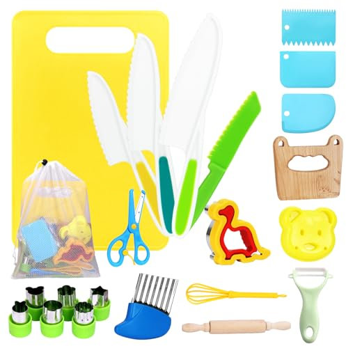 WIAZZLUK Ensemble de 23 ustensiles de cuisine Montessori pour enfants avec couteau en bois de dinosaure - Kit d'ustensiles de cuisine et tablier pour enfants en toute sécurité