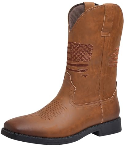 ANUFER Hombre Punta Cuadrada A Media Pantorrilla Occidental Vaquero Botas | A Media Pantorrilla, Vintage Bordado, Sin Cordones, Color del Pincel, Tacón Cuadrado de 3cm, Zapatos de Vestir de Caña Alta
