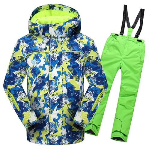 L SERVER Schneeanzug Kinder Jungen mit Kapuze Wind- und Wasserdichter Skianzug Mädchen Fleece Skianzug Zweiteilig Warme Skijacke + Skihose, Gelbe Jacke + grüne Hose, 170-176