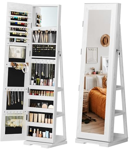 SogesPower Specchio con Organizzatore di Gioielli Girevole 360° e Serratura - Toeletta con Portacollane, Portaanelli e Mensole - Ideale per Regalo, Bianco