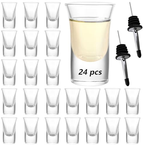 FWEEK Juego de 24 vasos de chupito de 2 cl, de cristal, base gruesa con vertedor de vino, para fiesta, club, bar, bebida, apto para lavavajillas