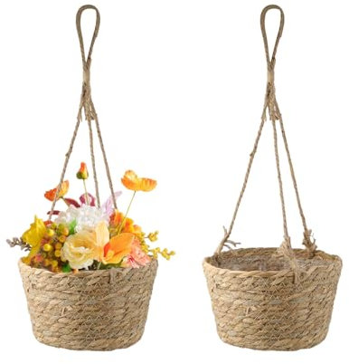 2PCS Hanging Basket Natural Seagrass Hanging Basket with Jute Rope, Foldable Seagrass Macrame Planter for Succulents, Indoor & Outdoor Decor, Khaki