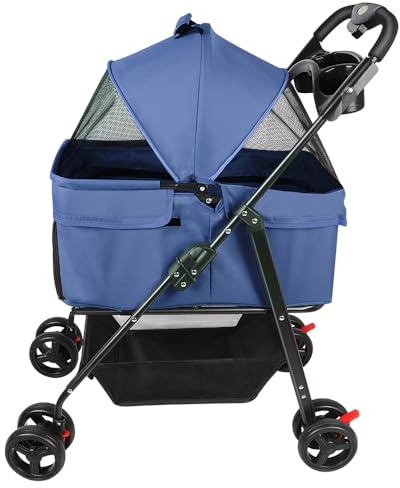 Poussette pliable pour animal de compagnie, poussette pliable pour animal de compagnie, 4 roues pour chien/chat, chiot de petite et moyenne taille,50 * 65 * 99cm- Bleu