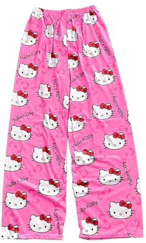 Pantalon de pyjama douillet de dessin animé - Long - Imprimé mignon avec taille élastique - Pantalon d'été léger et aéré - Confortable pour la maison (style été), Rose, 1