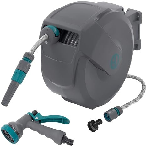 ECD Germany Schlauchaufroller 15m+1,5m, Schlauchtrommel, Wand-Schlauchbox RollUp mit Arretierstop und 9 Sprühfunktionen, 180° Schwenkbar, Automatischer Wasser Gartenschlauch-Aufroller zur Wandmontage