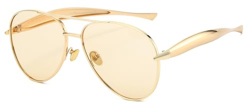 Long Keeper Lunettes de Soleil Pilote Femme Homme Lunette de Soleil Grande Métal Monture Dorée Lunettes Double Pont Vintage Classique Oversize UV400 (Monture Dorée - Verre Champagne)