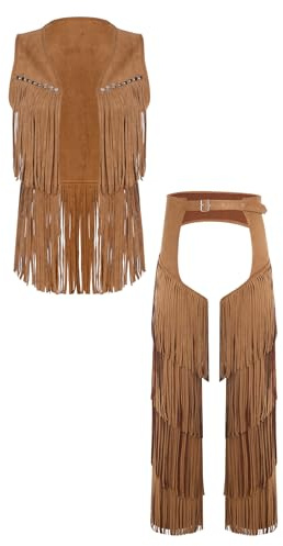 FEESHOW Adult Men Western Cowboy Vest And Chaps 2-piece Set Costume Tiered Tassel Carnivals Christmas Brown L