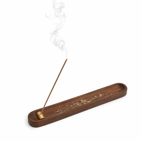 Rökelsehållare i valnötsträ med askåterställare, raffinerad rökelsebrännare i kopparlegering, 3 hål för fin och tjock rökelse, perfekt för meditation, yoga, spa, 25 cm