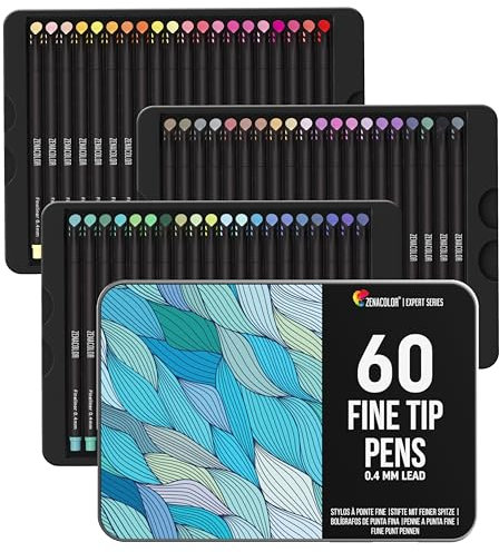 Zenacolor Filzstifte zum Ausmalen für Erwachsene, 60 Farben, feine Spitze – Fineliner für Mandala, Zeichnen, Manga, Doodling