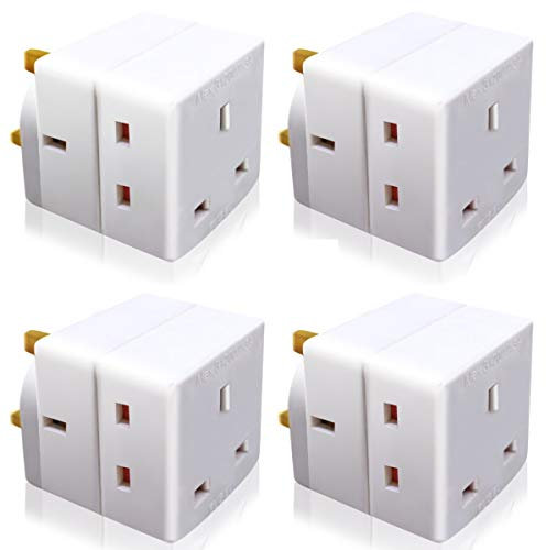 EXTRASTAR 3 Way Triple Plug Block Mains Adaptor, 3 pins Socket Splitter Extension UK Plug, 13A Fused Wall Adaptor Power Extender for Laptop, Computer, TV, DVD and More（4 Pack）