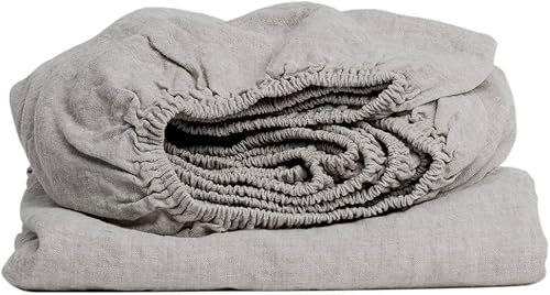 My Linen Home Spannbettlaken aus 100% Stonewashed Leinen Natur, 90x200cm I Kontinuierlich elastischer Saum I Temperaturregulierend und Atmungsaktiv I Sanft und weich selbst zur empfindlichsten Haut