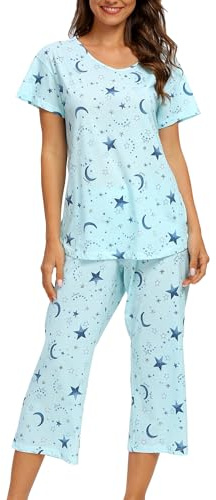 ENJOYNIGHT Womens Pyjama Sets Cotton Pjs Short Sleeve Capri Pants Nightwear | Summer Loungewear, Soft Lightweight Cotton Fabric, Stylish V-Neck, Cute Print, Loose Casual Fit