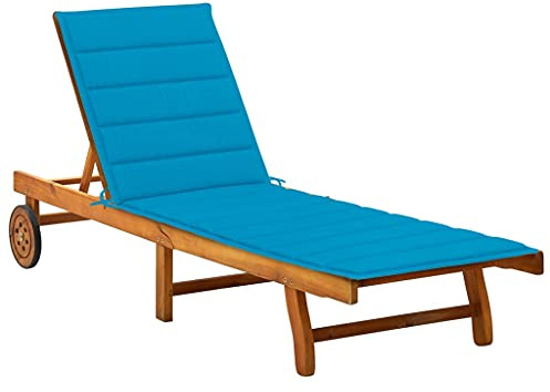 vidaXL Garden Sun Lounger with Cushion Solid Acacia Wood Adjustable Outdoor Furniture for Poolside and Blue Sunlounger Wooden Seating Cushioned Bed Lounge Relaxation Patio