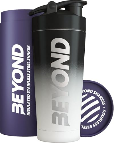 Beyond Shakers Insulated Metal Protein Shaker, Stainless Steel Supplement Bottle - BPA Free for Gym 735ml in Black & White