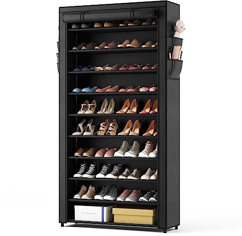 ROJASOP 10 Tier Shoe Rack with Covers,Large Capacity Stackable Tall Shoe Shelf Storage to 50-55 Pairs Shoes and Boots Sturdy Metal Free Standing Shoe Rack Organizer for Closet Entryway Garage