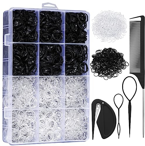 2200 Pcs Elastic Hair Bands with Hair Loop Styling Tool Set, Clear and Black Elastic Hair Ties with Rubber Band Cutter Organizer Box Hair Accessories for Toddler Baby Girl Women
