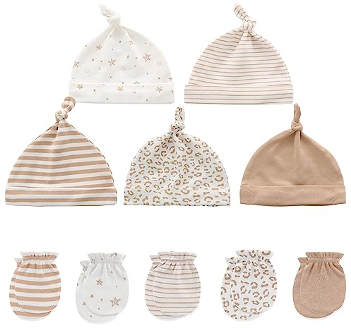 MAMIMAKA Set med babymössa och vantar för nyfödda bebismössor för bebispojkar flickor 0–6 månader 100 % bomull, Khaki Hpgm30, 0-6 Months