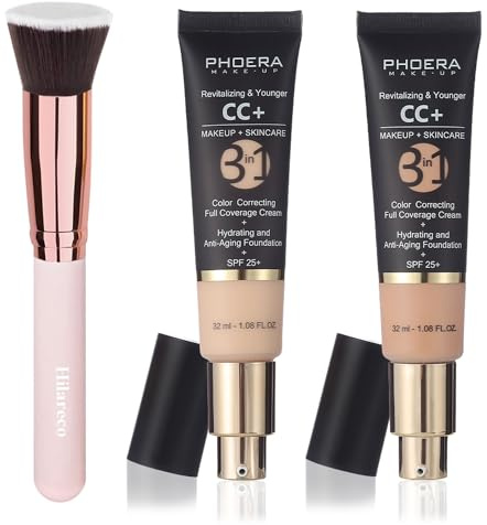 Crema PHOERA CC+, base de cobertura total, crema correctora de color, suero hidratante antienvejecimiento y protector solar SPF 25+, acabado natural(2pcs-100+120/ Porcelain+Nude)