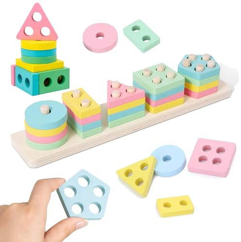 LETTERASHQP Stapelturm Baby Stapelturm Holz Stapelspiel Sortierspiel Steckspiel Holz Shape Sorter Stapelspielzeug Stapelturm Motorikspielzeug Stapelwürfel Geschenk für Mädchen Junge ab 1 2 3 Jahr