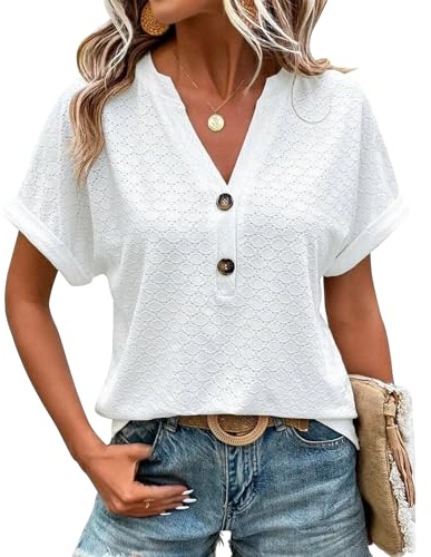 BellaDila Femmes Printemps Eté Chic Œillets Manches Courtes Bouton Tee Shirt Col en V Jolie Tunique Chemise Blouse pour Femme