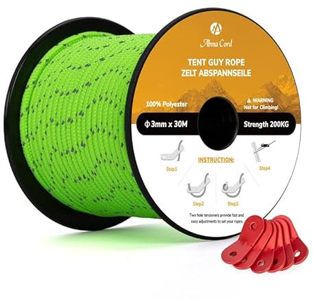 Abma Cord Tent Guy Ropes 3mm 30M Guy Line 6 Pcs Guy Rope Tensioners Heavy Duty Guide Rope for Camping, Gazebos, Awning, Tarp - Reflective Neon Green, AC-Z330-FG-ngreen