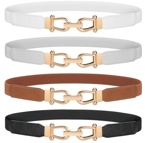 JasGood Tunt elastiskt bälte för kvinnor, vintagebälte, stretchbälte, stretchigt bälte med guldspänne, C svart + brun + vit + grå, 90cm:Für Taillengröße 103cm-114cm