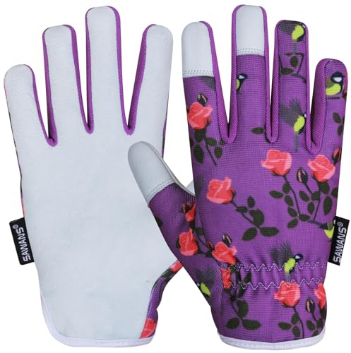 SAWANS Guantes de Jardinería de Cuero Damas Hombres Mujeres Aparejador a Prueba de Espinas Guantes de Trabajo de Seguridad para jardín Construcción Transpirable Multiusos (Púrpura, L (paquete de 1))
