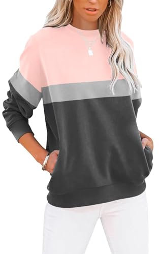 Cuptacc Langarmshirt Damen Pullover Herbst Farbblock Rundhals Sweatshirt Damen Elegant Rundhals Oberteile Damen Party Rosa Grau L 42-44