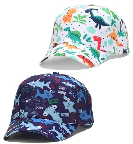 NautySaurs 2 Pack Boys Baseball Cap Kids Adjustable Strap Dinosaur Shark Car Cap Sun Hat Summer Accessories