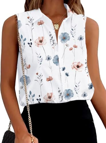 Zeagoo Women's Casual Tops Collar Sleeveless Blouse Sleeveless Button Down Shirts Floral Print V Neck Tank for Work