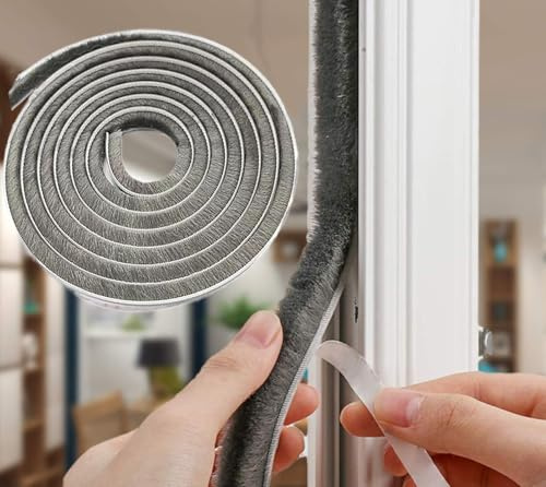 Tooperze 10M Guarnizione a Spazzola Autoadesiva,10M X 9mm(L) X 5mm(P) triscia autoadesiva a spazzola guarnizione per porte e finestre (Grigio)
