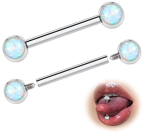 ESHIONER G23 Titanio Piercing Alla Lingua Piercing Capezzolo 14G 18mm Length 5mm Opale Lunghezza Barbell Sterile Luminosa Piercing Gioielli Donna Uomo 2Pezzi