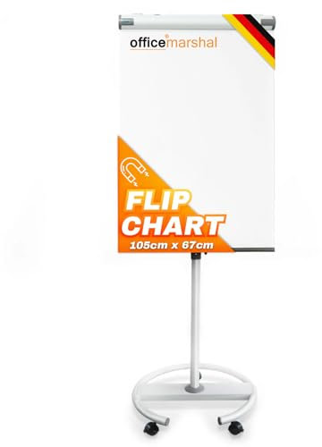 OfficeMarshal Flipchart Whiteboard mobil mit Rollenfuss Ständer 73x105cm | Höhenverstellbar bis 210cm, Beschreibbar, Trocken abwischbar, magnetisch (Shark)